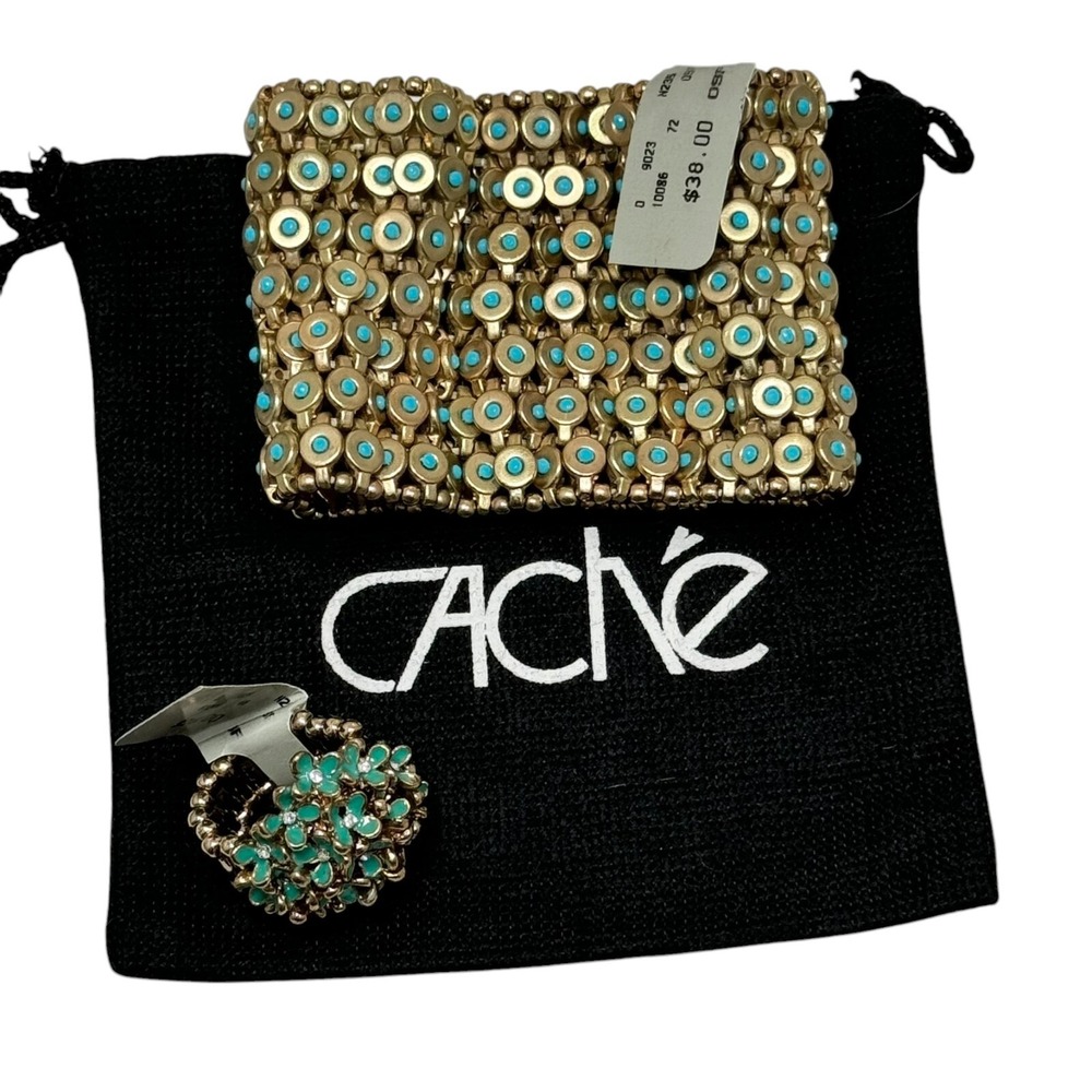 NWT CACHE Stretch Bracelet and Ring Set Brass Turquoise‎ Boho Ethnic NEW